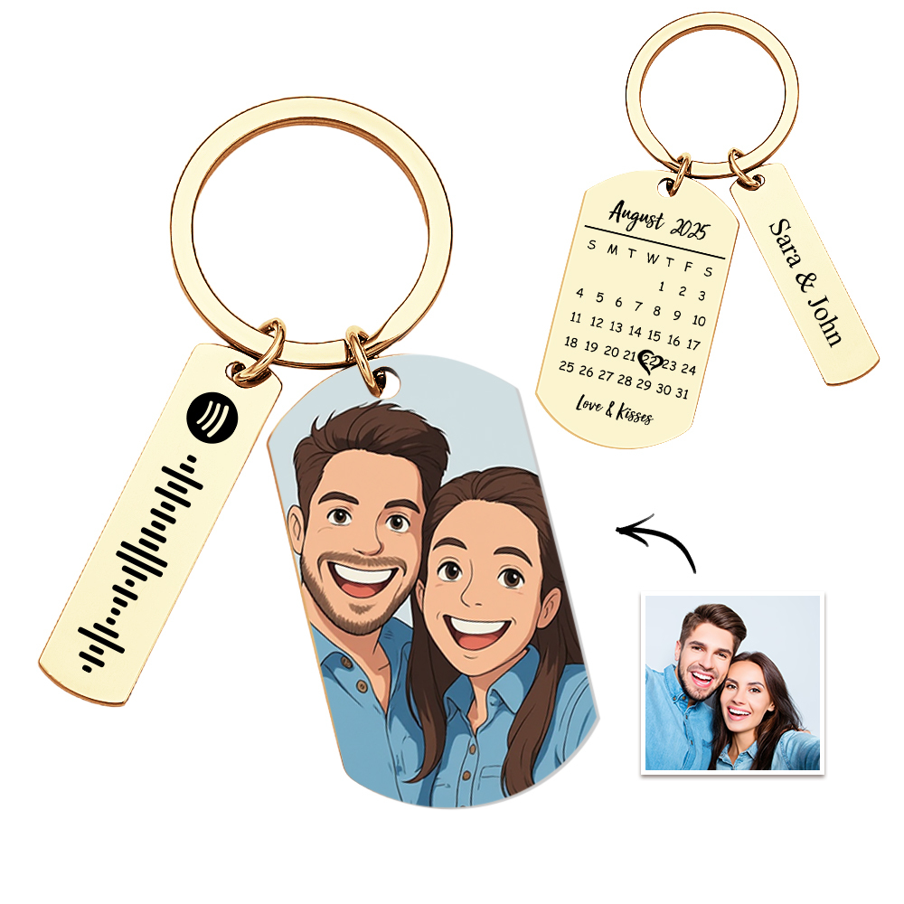 Personalized Spotify Calendar Keychain Gibli Style Custom Picture & Music Song Code Couples Photo Keyring Best Gifts