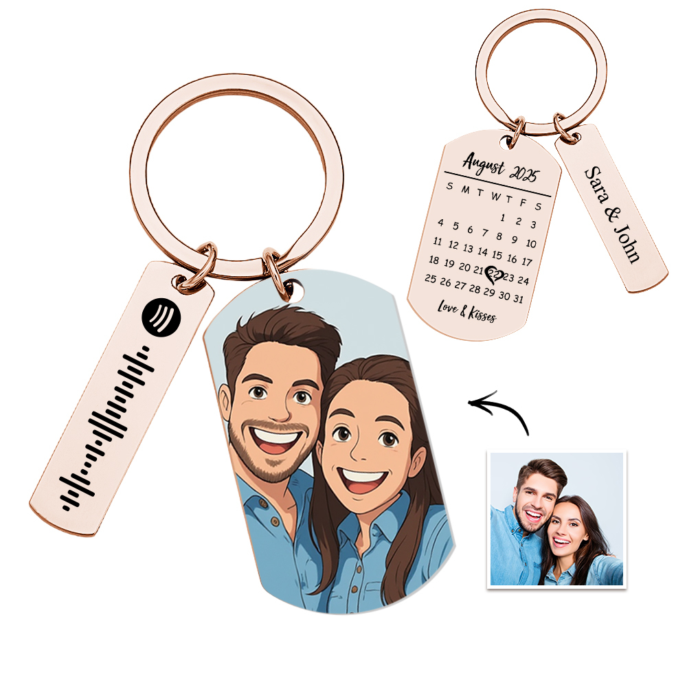 Personalized Spotify Calendar Keychain Gibli Style Custom Picture & Music Song Code Couples Photo Keyring Best Gifts