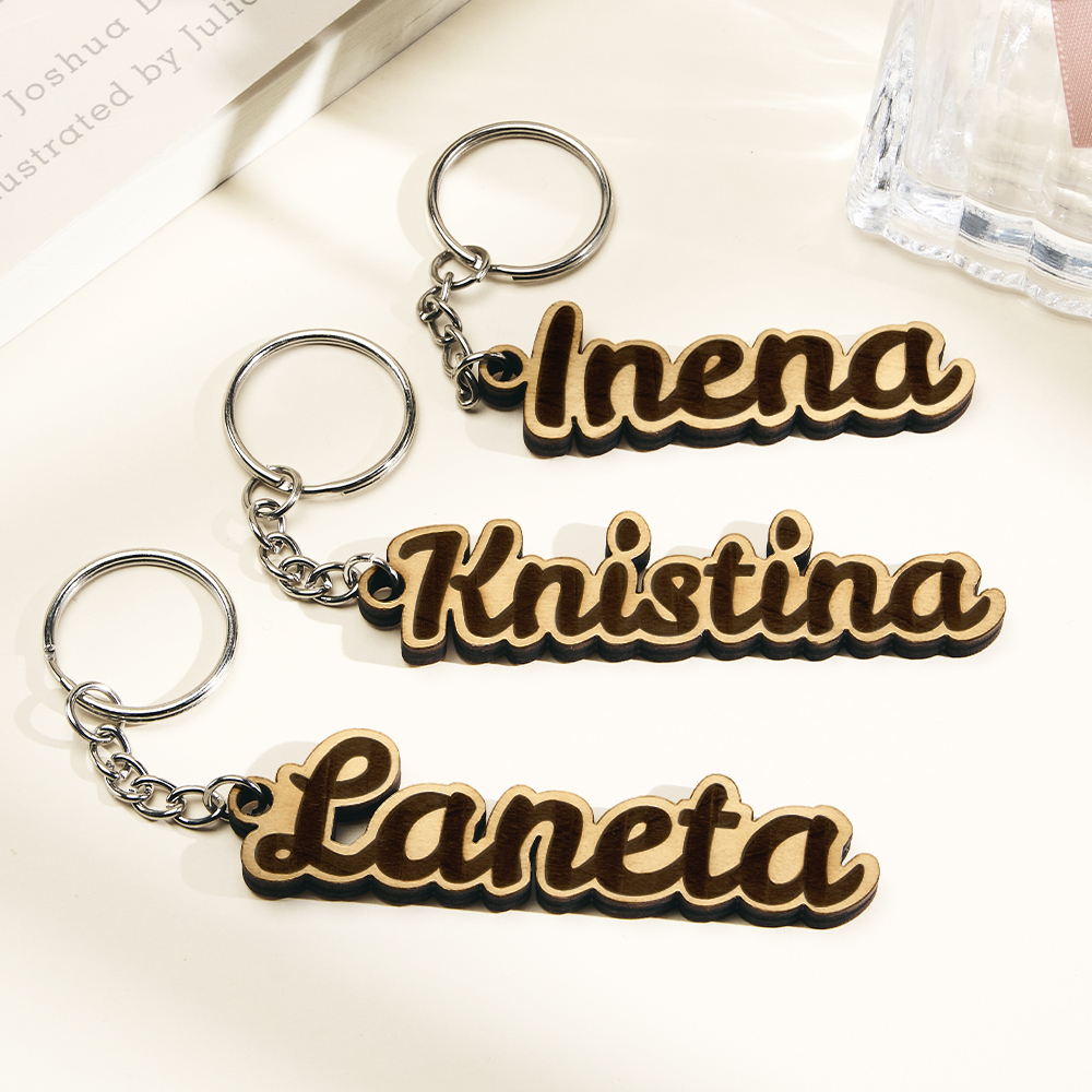 Father's Day Gifts Personalised Name Keychain Custom Wooden Name Tag Laser Cut Keyring Gift - aiprintlab