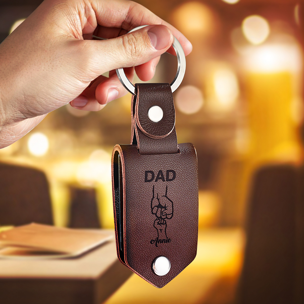 Personalized Picture Keychain for Dad, Fist Bump Custom Kids Name Keyring,Mens Leather Keychain, Anniversary Gifts for Him, Fathers Day Gift - aiprintlab