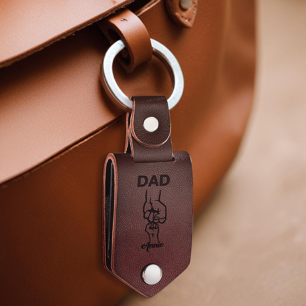 Personalized Picture Keychain for Dad, Fist Bump Custom Kids Name Keyring,Mens Leather Keychain, Anniversary Gifts for Him, Fathers Day Gift - aiprintlab