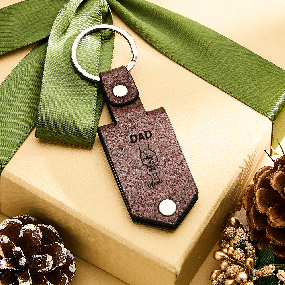 Personalized Picture Keychain for Dad, Fist Bump Custom Kids Name Keyring,Mens Leather Keychain, Anniversary Gifts for Him, Fathers Day Gift - aiprintlab