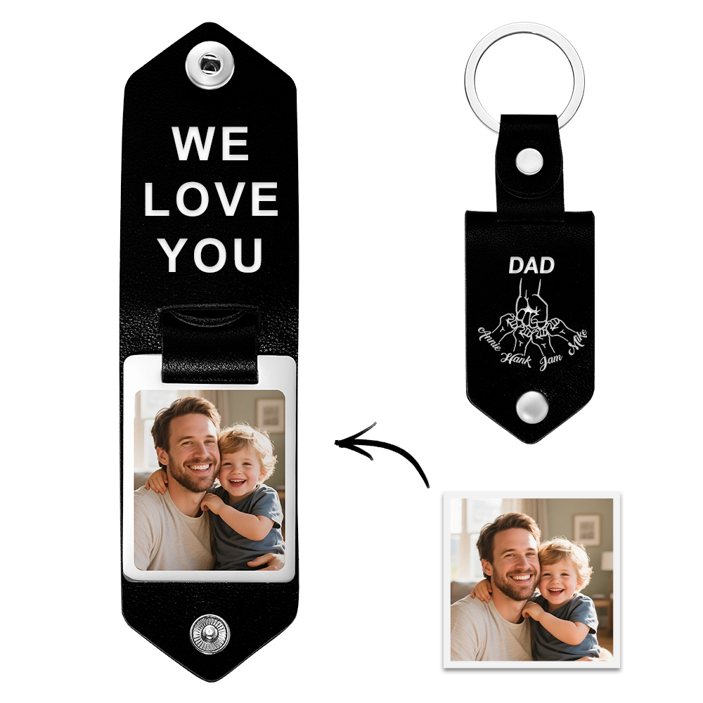 Personalized Picture Keychain for Dad, Fist Bump Custom Kids Name Keyring,Mens Leather Keychain, Anniversary Gifts for Him, Fathers Day Gift - aiprintlab