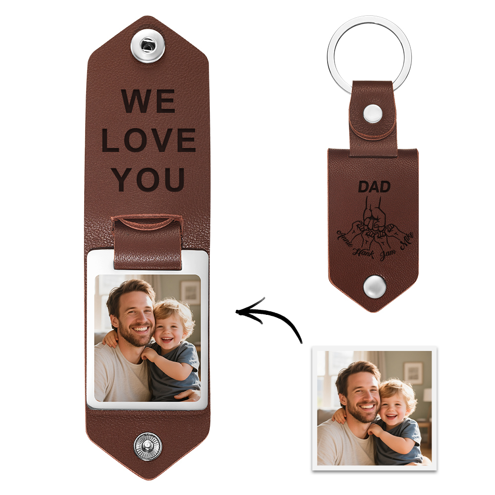 Personalized Picture Keychain for Dad, Fist Bump Custom Kids Name Keyring,Mens Leather Keychain, Anniversary Gifts for Him, Fathers Day Gift - aiprintlab