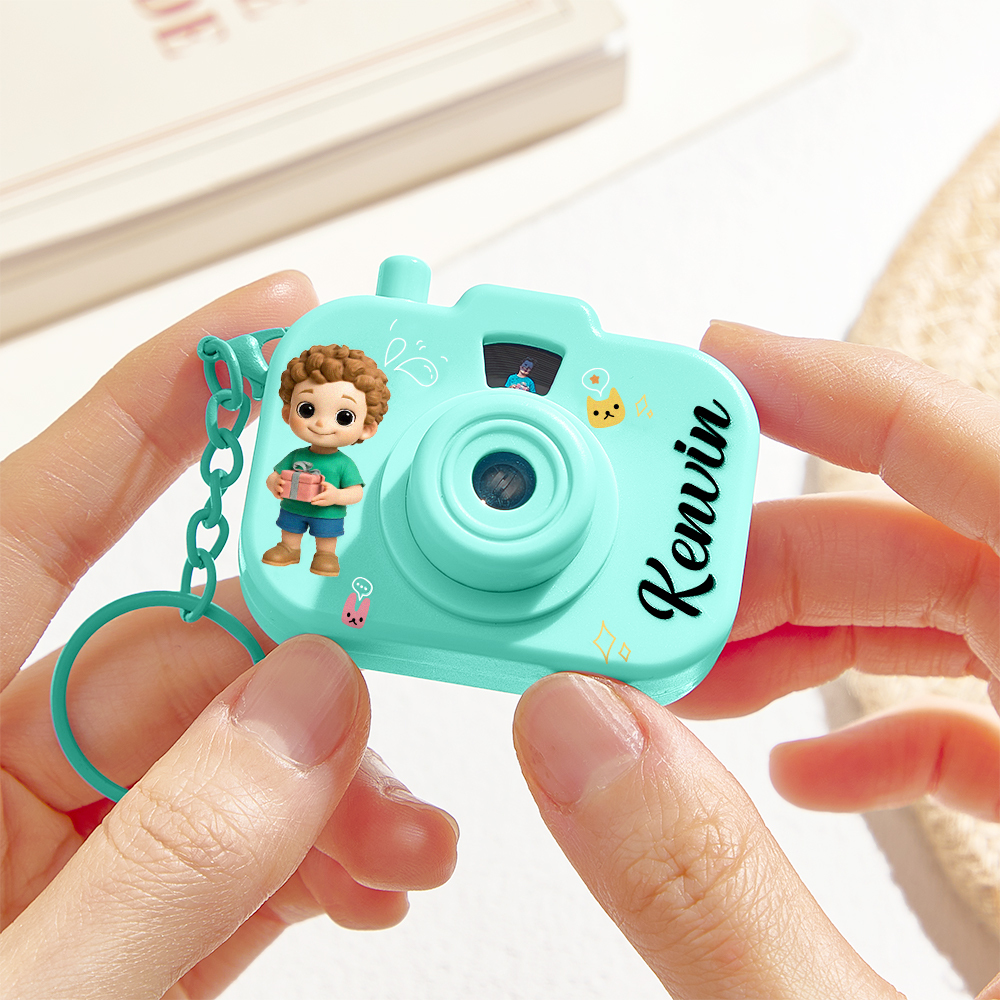 Personalized Mini Camera Projection Keychain Custom Photos, Name & Cartoon Character Customized Camera Charm with 8 Photo Gifts for Kids - aiprintlab