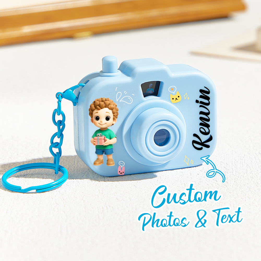 Personalized Mini Camera Projection Keychain Custom Photos, Name & Cartoon Character Customized Camera Charm with 8 Photo Gifts for Kids - aiprintlab