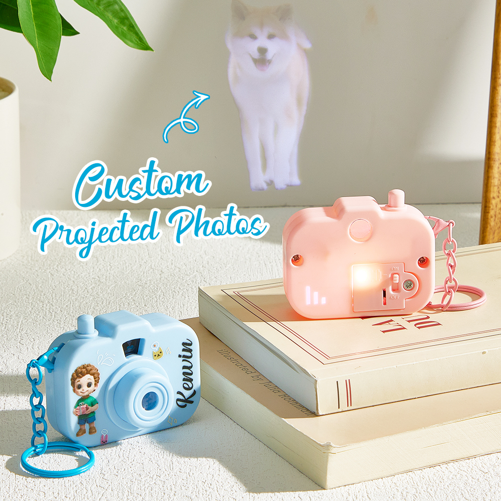 Personalized Mini Camera Projection Keychain Custom Photos, Name & Cartoon Character Customized Camera Charm with 8 Photo Gifts for Kids - aiprintlab