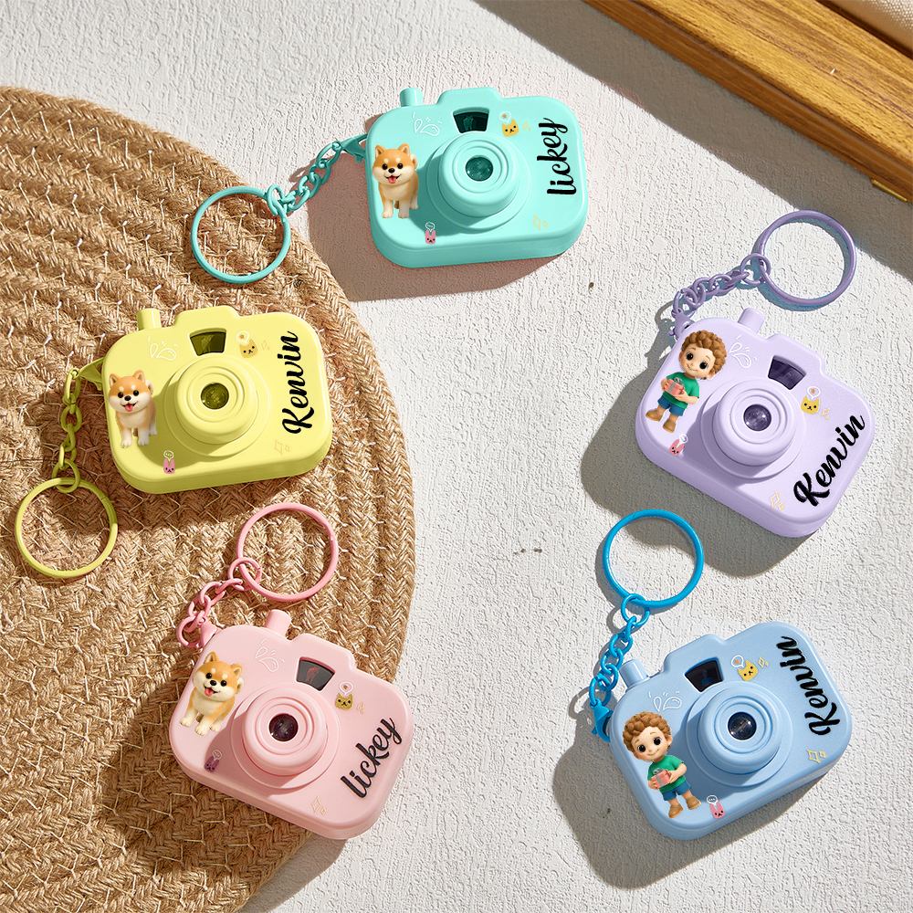 Personalized Mini Camera Projection Keychain Custom Photos, Name & Cartoon Character Customized Camera Charm with 8 Photo Gifts for Kids - aiprintlab