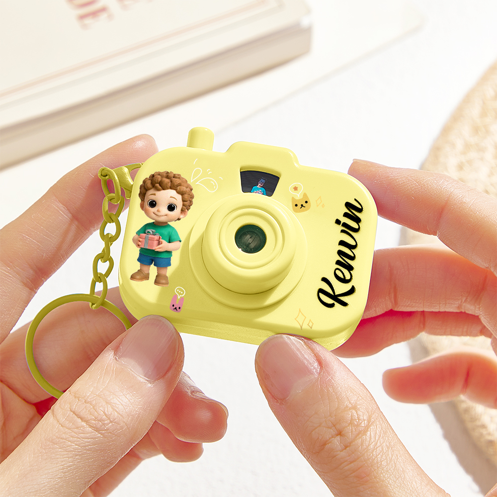 Personalized Mini Camera Projection Keychain Custom Photos, Name & Cartoon Character Customized Camera Charm with 8 Photo Gifts for Kids - aiprintlab