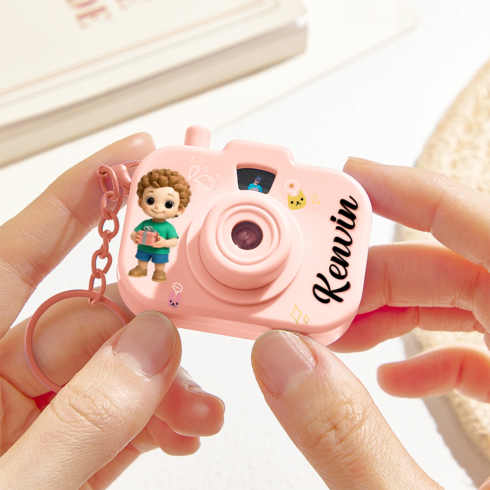 Personalized Mini Camera Projection Keychain Custom Photos, Name & Cartoon Character Customized Camera Charm with 8 Photo Gifts for Kids - aiprintlab