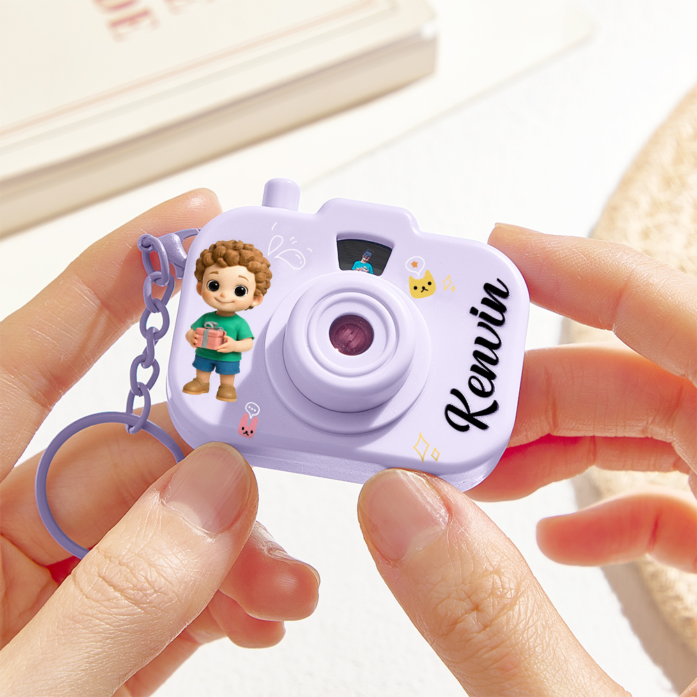 Personalized Mini Camera Projection Keychain Custom Photos, Name & Cartoon Character Customized Camera Charm with 8 Photo Gifts for Kids - aiprintlab