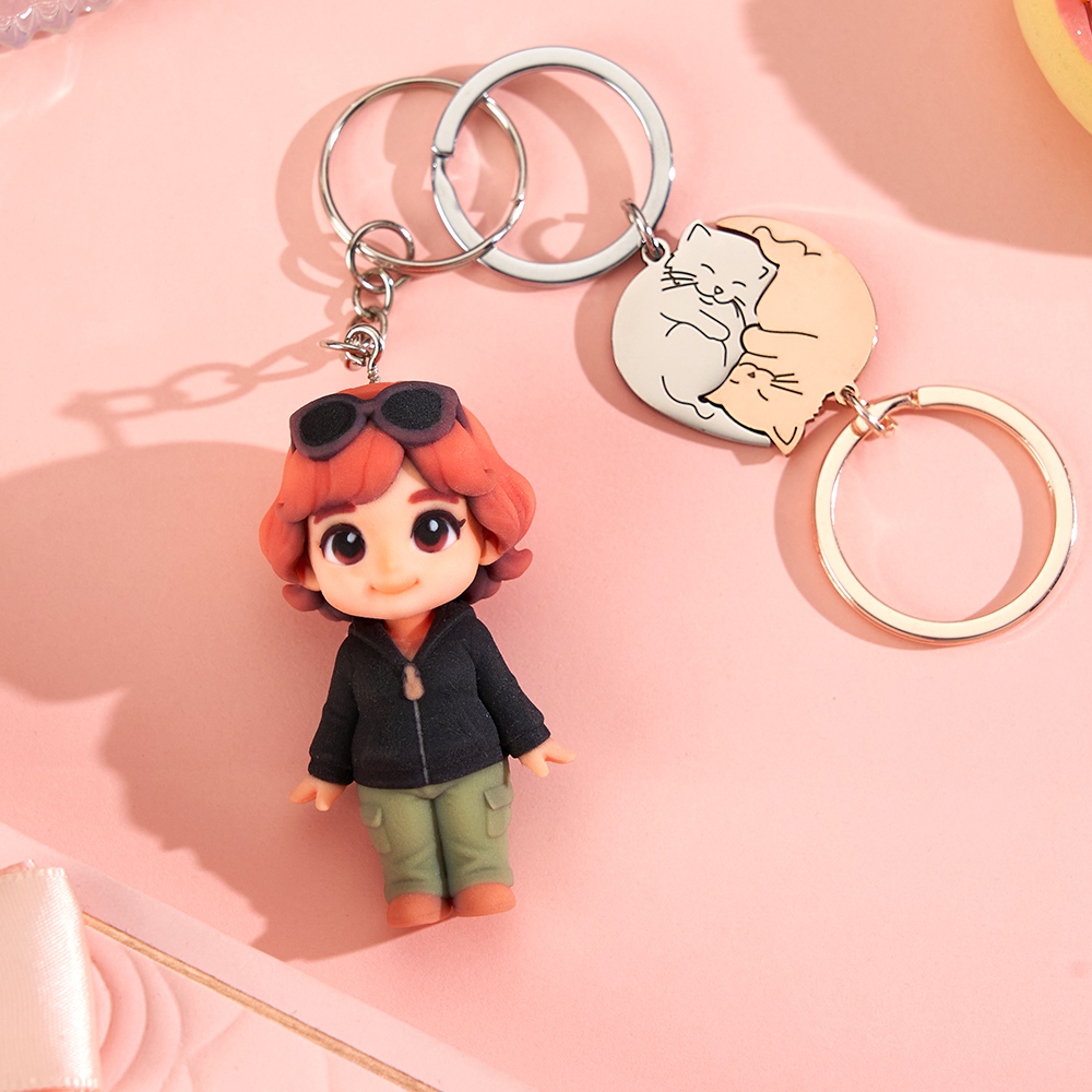 Custom 3D Figurine Keychain From Photo Cat Couple Matching Key Rings Keyring Personalized Romantic Gift for Couples Valentines Day Anniversary - aiprintlab
