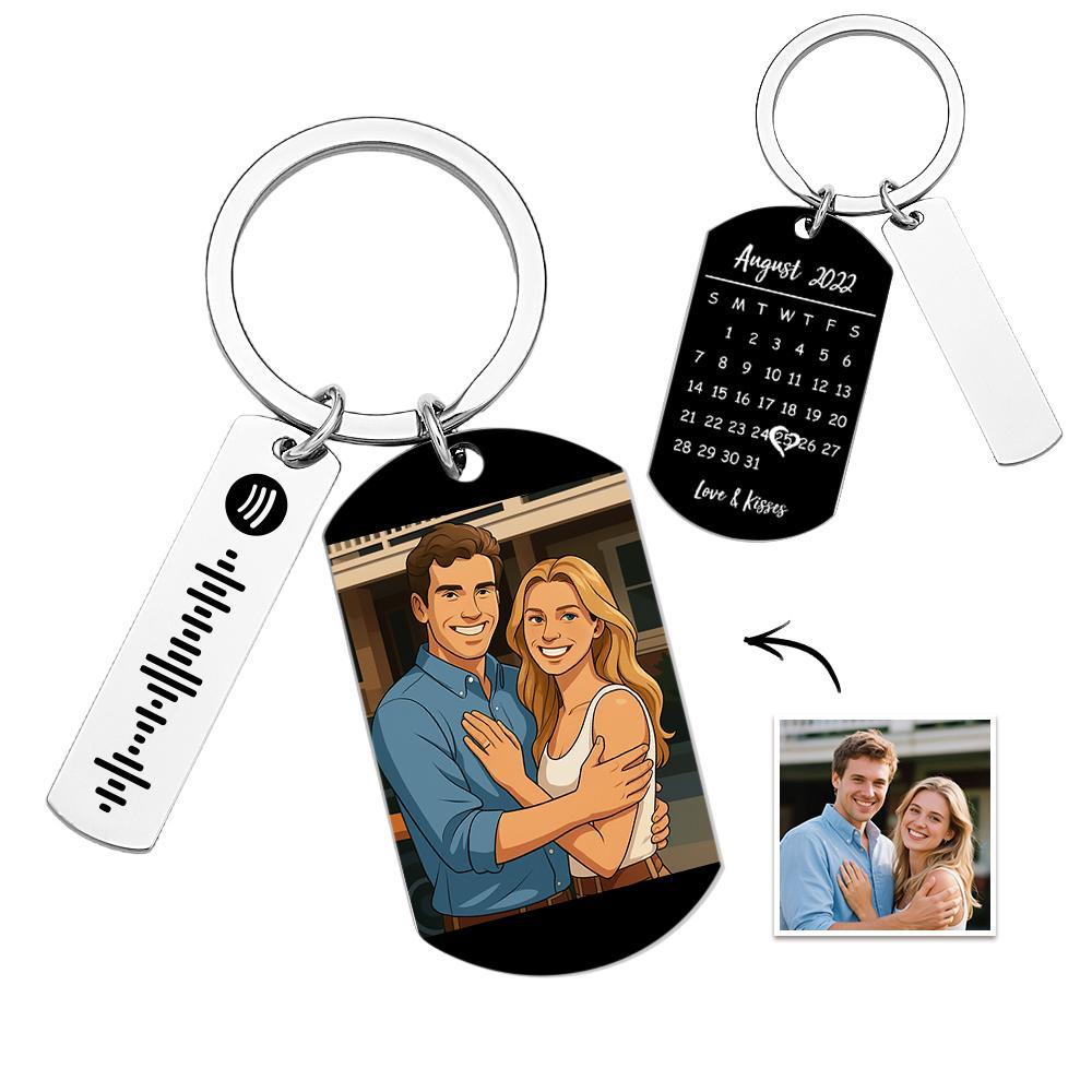 Personalized Spotify Calendar Keychain Custom Picture & Music Song Code Couples Anime Style Photo Keyring Gifts for Anniversary