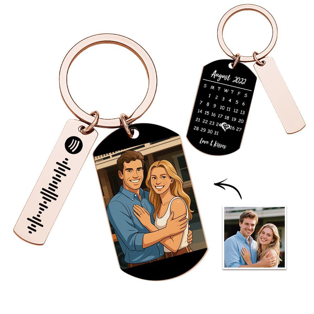 Personalized Spotify Calendar Keychain Custom Picture & Music Song Code Couples Anime Style Photo Keyring Gifts for Anniversary