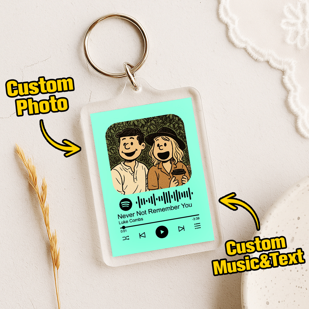 Custom Spotify Code Keychain with Photo Pixel Art, Personalized Text & Music – Unique Gift for Couples
