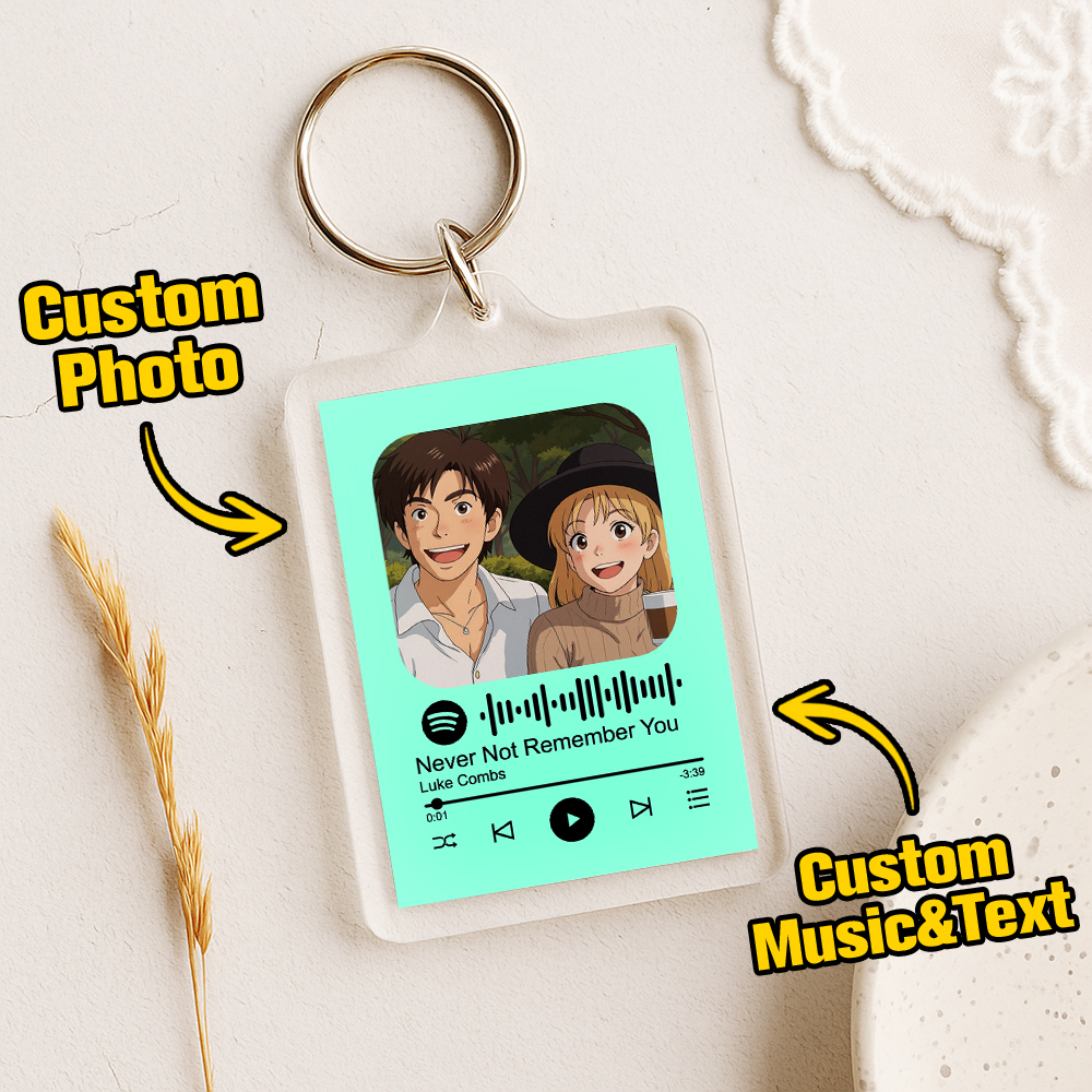 Custom Spotify Code Keychain with Photo Pixel Art, Personalized Text & Music – Unique Gift for Couples