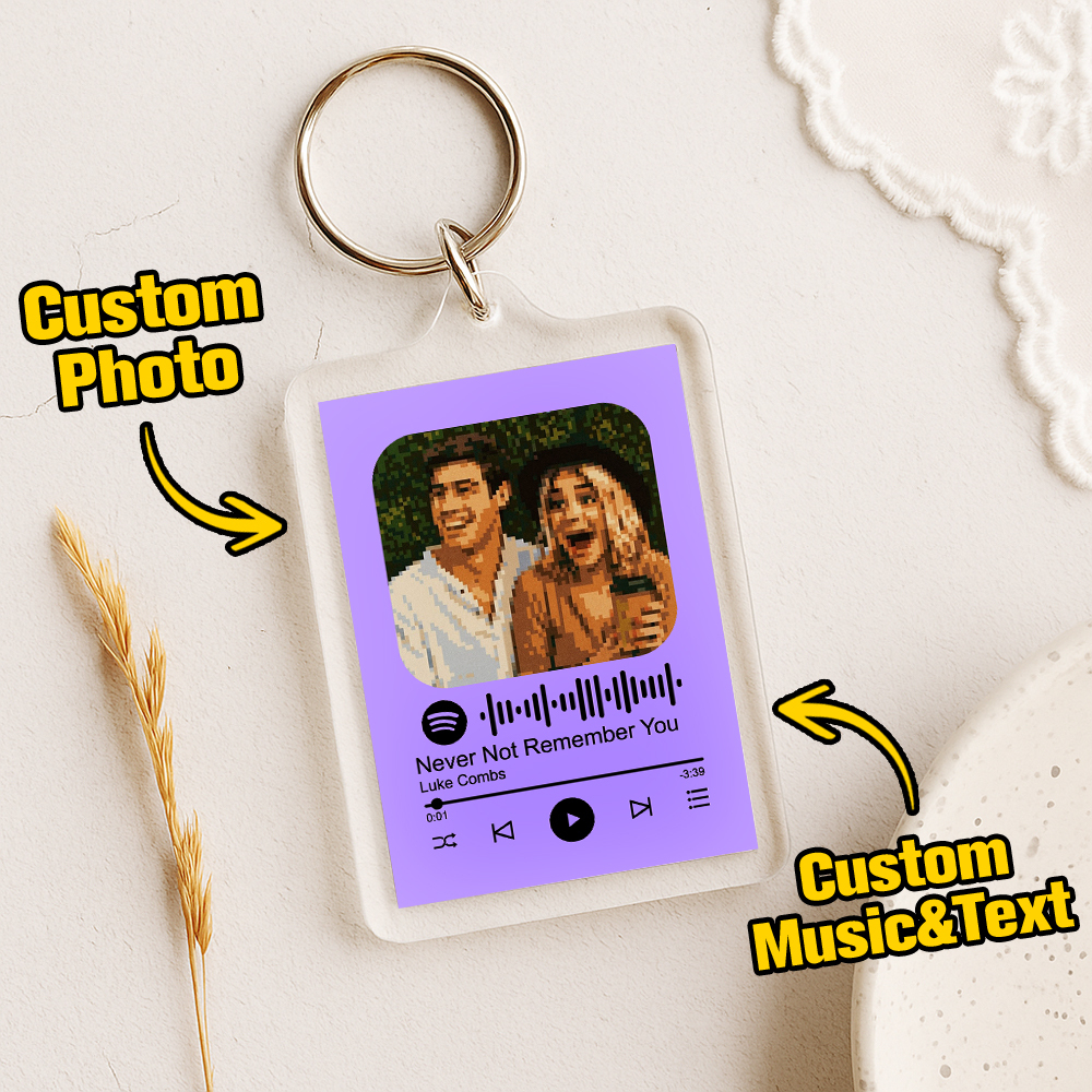 Custom Spotify Code Keychain with Photo Pixel Art, Personalized Text & Music – Unique Gift for Couples