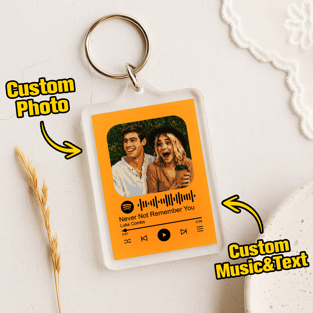 Custom Spotify Code Keychain with Photo Pixel Art, Personalized Text & Music Unique Gift for Couples