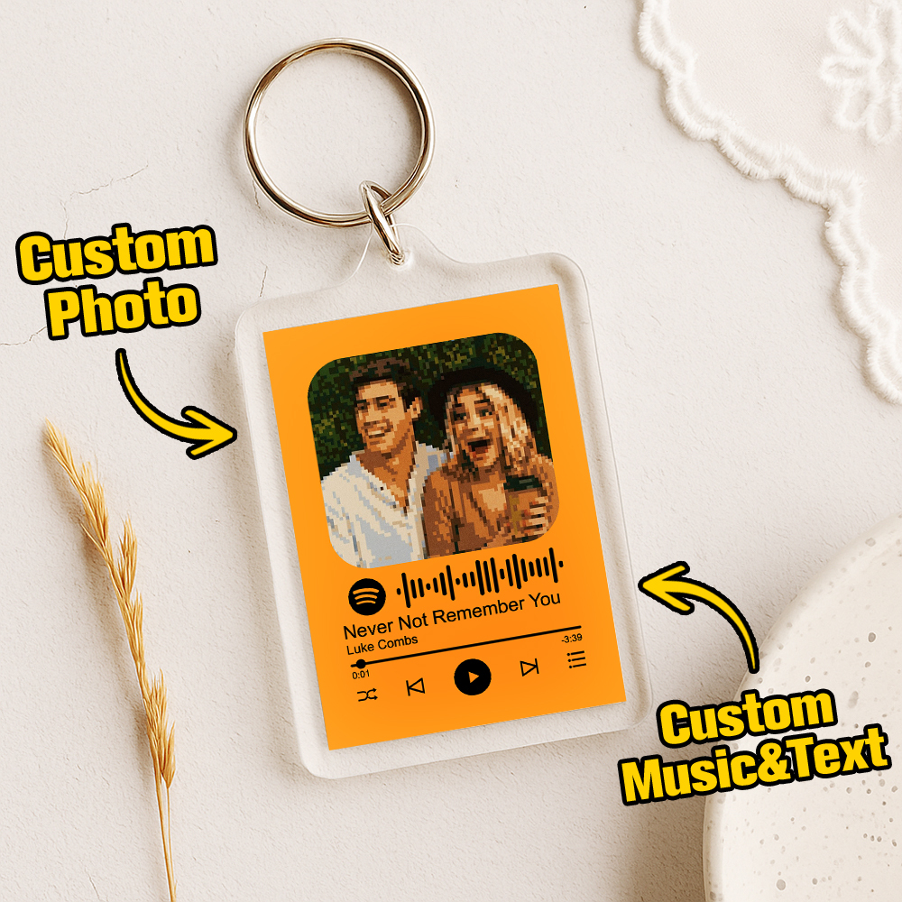 Custom Spotify Code Keychain with Photo Pixel Art, Personalized Text & Music – Unique Gift for Couples