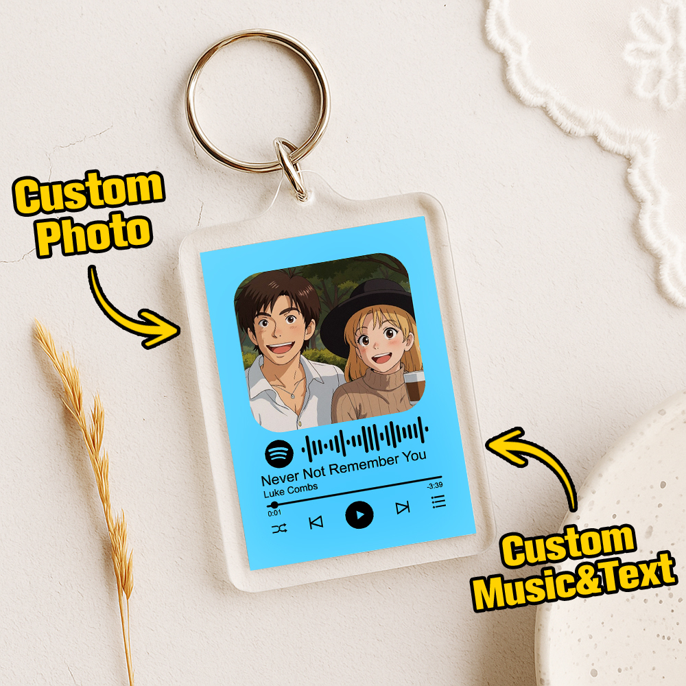 Custom Spotify Code Keychain with Photo Pixel Art, Personalized Text & Music – Unique Gift for Couples