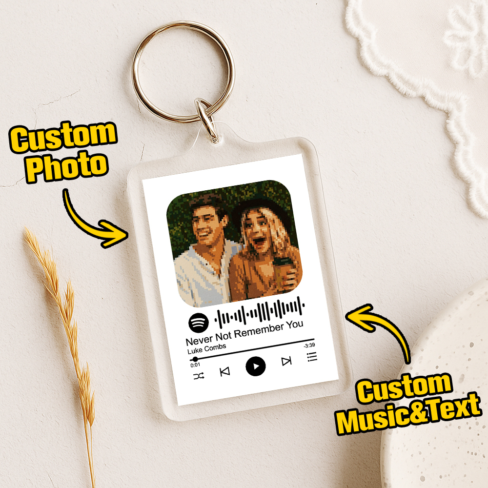 Custom Spotify Code Keychain with Photo Pixel Art, Personalized Text & Music – Unique Gift for Couples