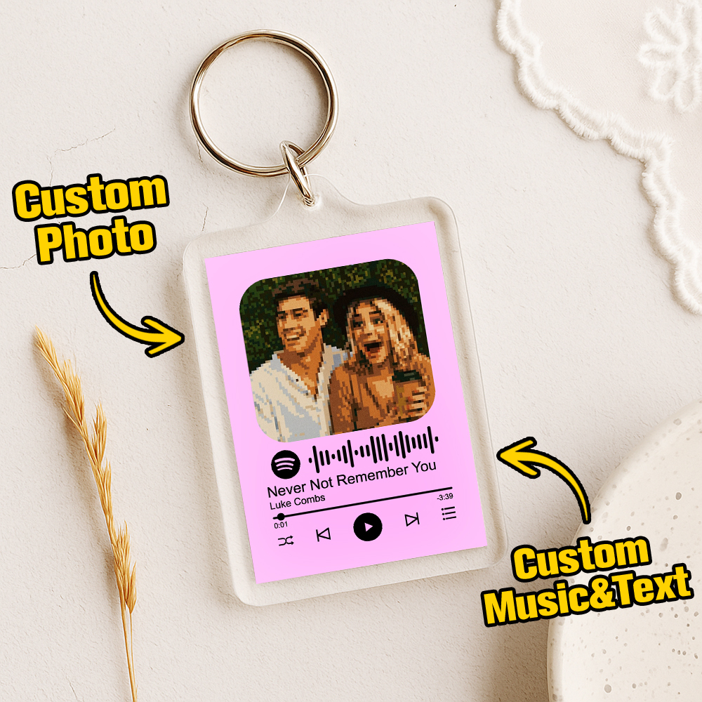 Custom Spotify Code Keychain with Photo Pixel Art, Personalized Text & Music – Unique Gift for Couples