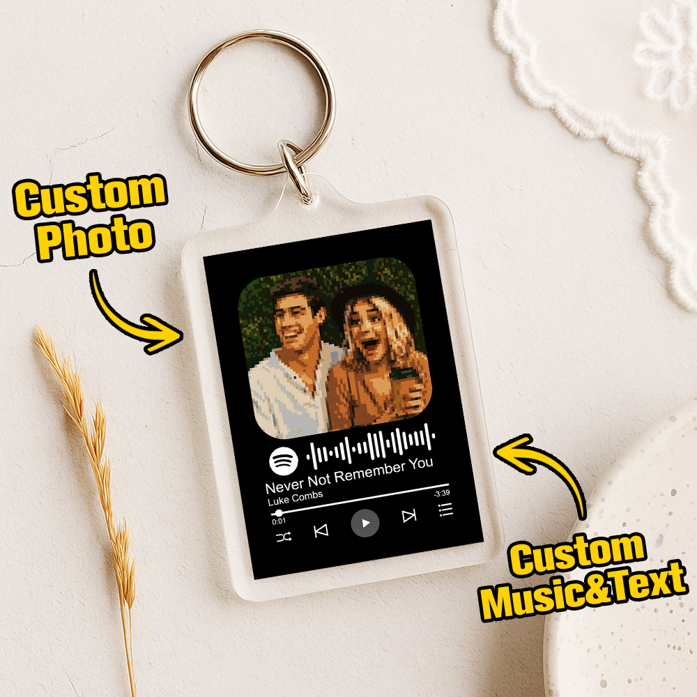 Custom Spotify Code Keychain with Photo Pixel Art, Personalized Text & Music – Unique Gift for Couples