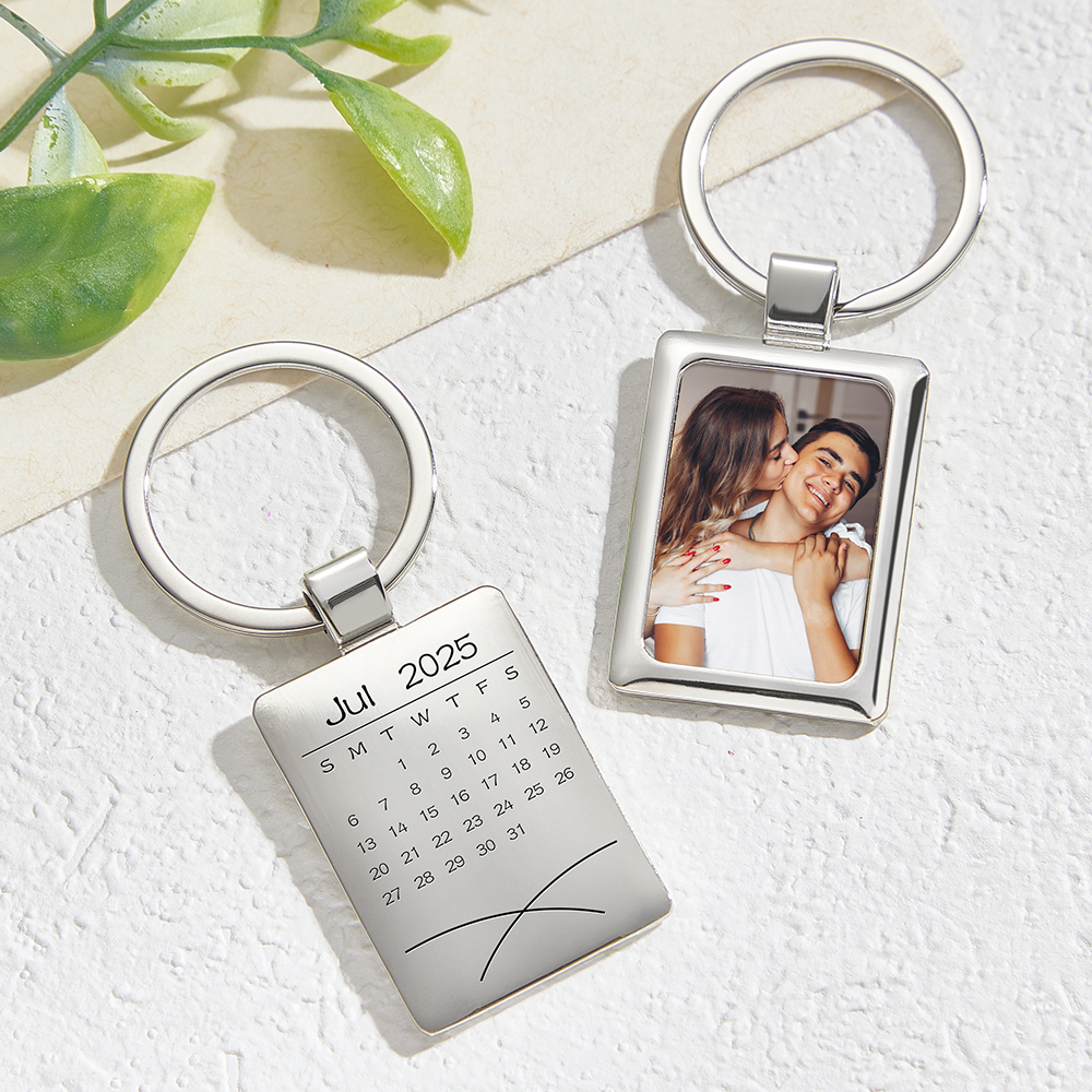 Custom Photo & Engraved Calendar Keychain Double-Sided Photo & Message Keepsake Personalized Anniversary Keychain - aiprintlab