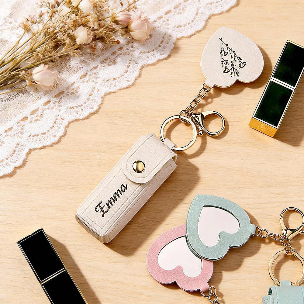 Personalized Lipstick Bag Keychain Custom Name Anti Lost Lipstick Storage Bag Lipstick Case with Mirror Gift for Her - aiprintlab