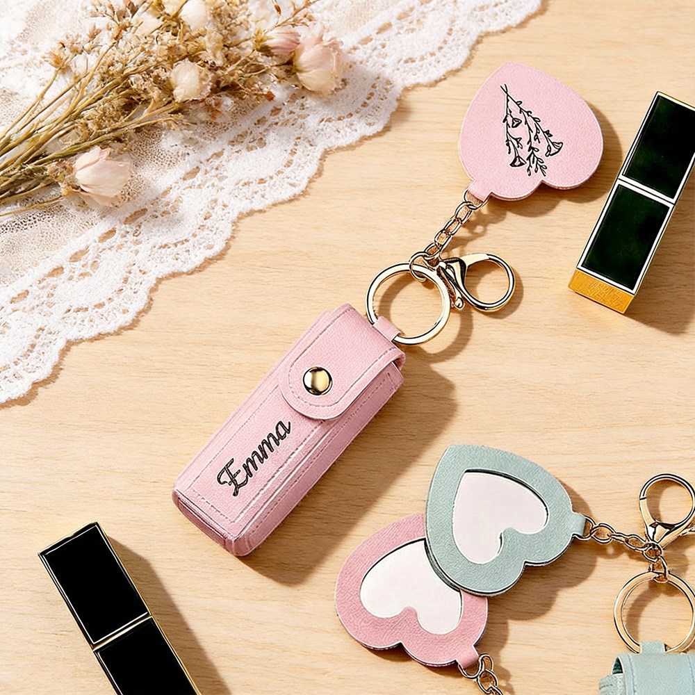 Personalized Lipstick Bag Keychain Custom Name Anti Lost Lipstick Storage Bag Lipstick Case with Mirror Gift for Her - aiprintlab