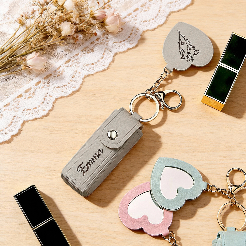 Personalized Lipstick Bag Keychain Custom Name Anti Lost Lipstick Storage Bag Lipstick Case with Mirror Gift for Her - aiprintlab