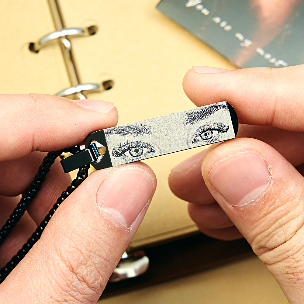 Custom Engraved Eye Bar Necklace Personalized Eye Photo Engraving Vertical Bar Pendant Gold Cube Chain Necklace with Eye Picture - aiprintlab