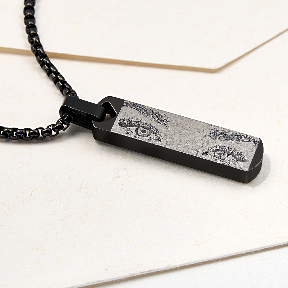 Custom Engraved Eye Bar Necklace Personalized Eye Photo Engraving Vertical Bar Pendant Gold Cube Chain Necklace with Eye Picture - aiprintlab