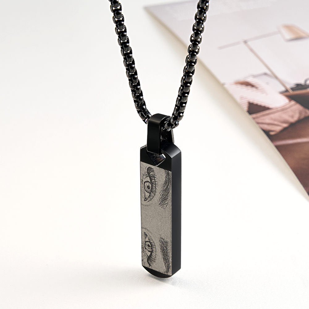 Custom Engraved Eye Bar Necklace Personalized Eye Photo Engraving Vertical Bar Pendant Gold Cube Chain Necklace with Eye Picture - aiprintlab