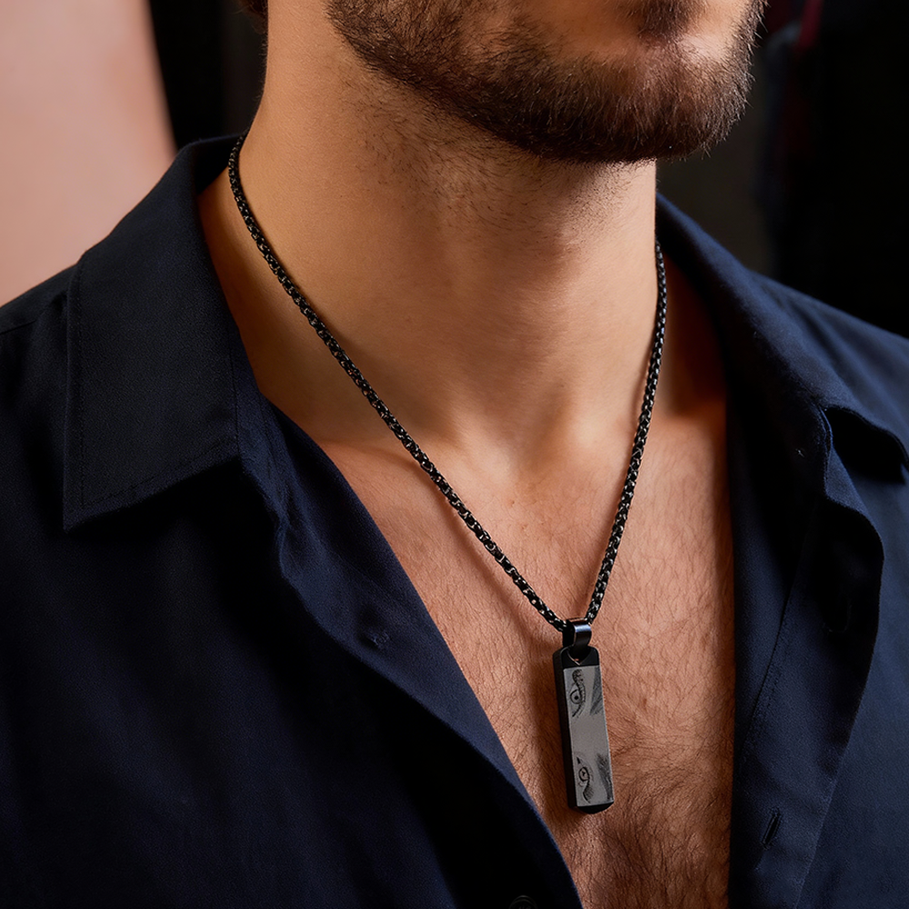 Custom Engraved Eye Bar Necklace Personalized Eye Photo Engraving Vertical Bar Pendant Gold Cube Chain Necklace with Eye Picture - aiprintlab