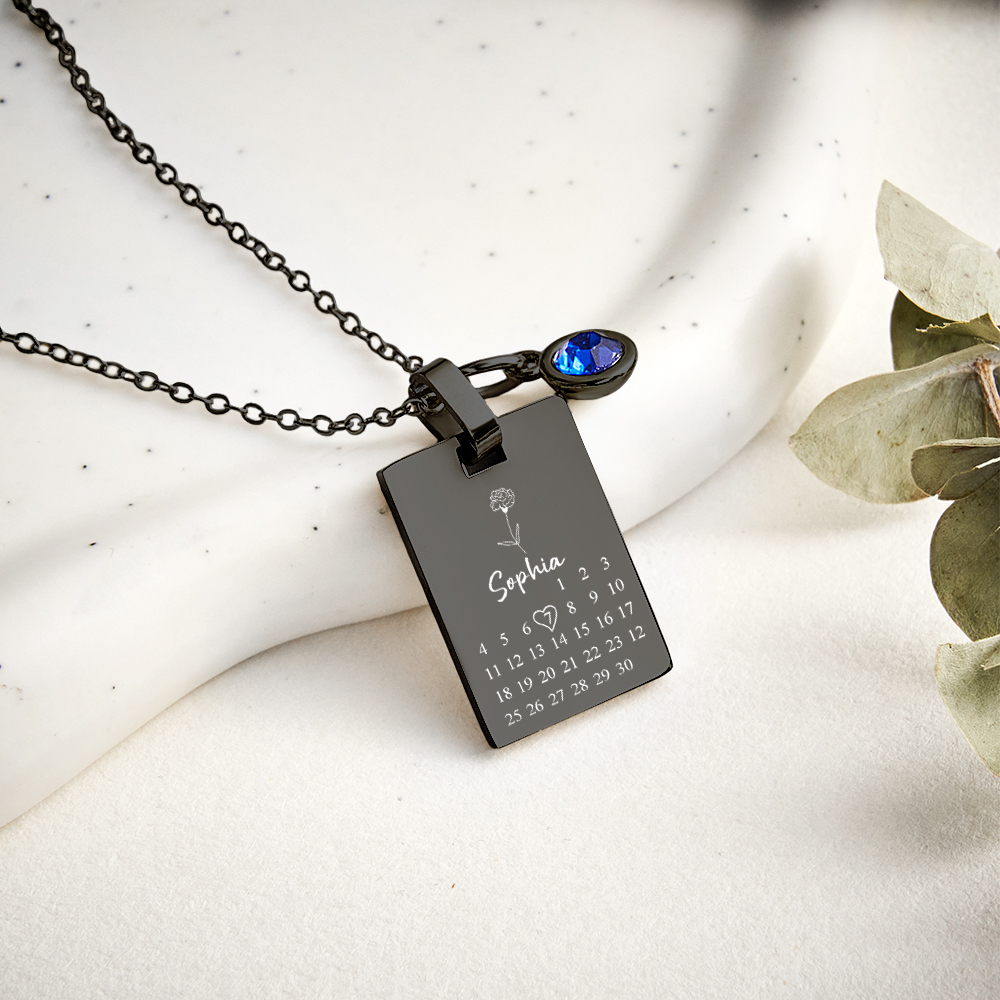 Custom Date & Birthstone Anniversary Necklace Personalized Calendar & Birthstone Necklace Birthday Gift for Her - aiprintlab