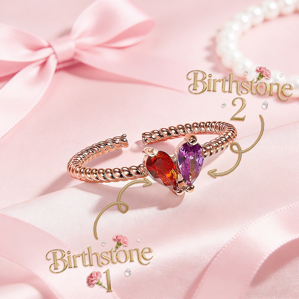 Personalized Partner Birthday Month Ring Custom Couple Birthstones Ring Adjustable Heart Birthstone Ring Gift for Her - aiprintlab