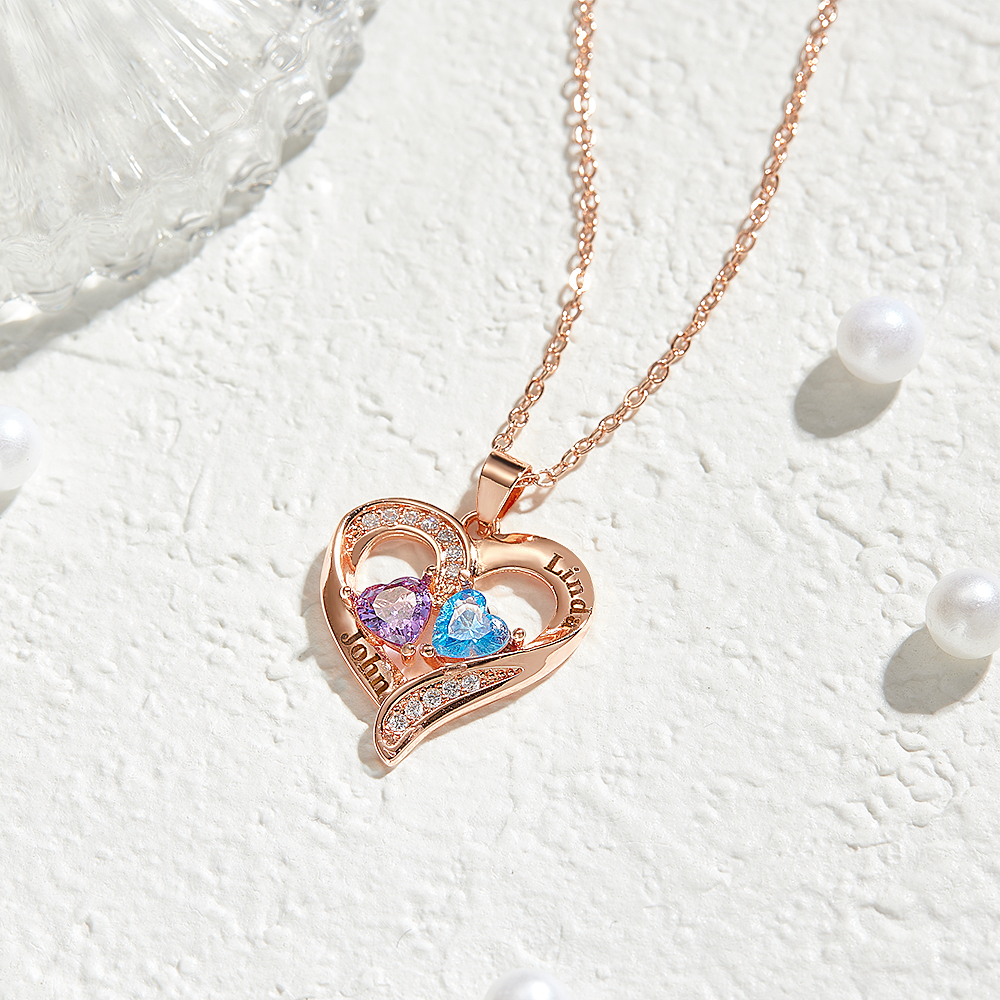 Personalized Sterling Silver Heart Necklace with Two Names & Birthstones Custom Name & Birthstone Heart Necklace Engraved Double-Name Heart Necklace - aiprintlab