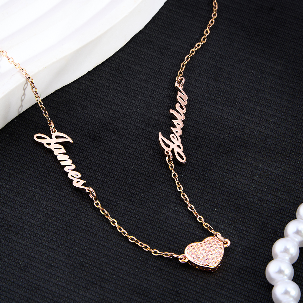 Personalized Pave Heart & Name Charm Necklace Custom Name & Diamond Heart Dainty Necklace Couple Name Necklace Gift for Her - aiprintlab