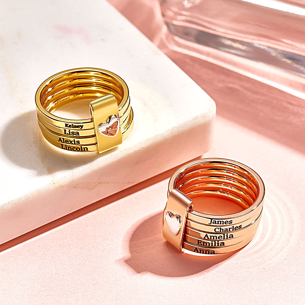 Personalized Stackable Name Rings with Heart Custom Family Name Jewelry Custom Engraved Name Rings Family Name Stackable Rings - aiprintlab