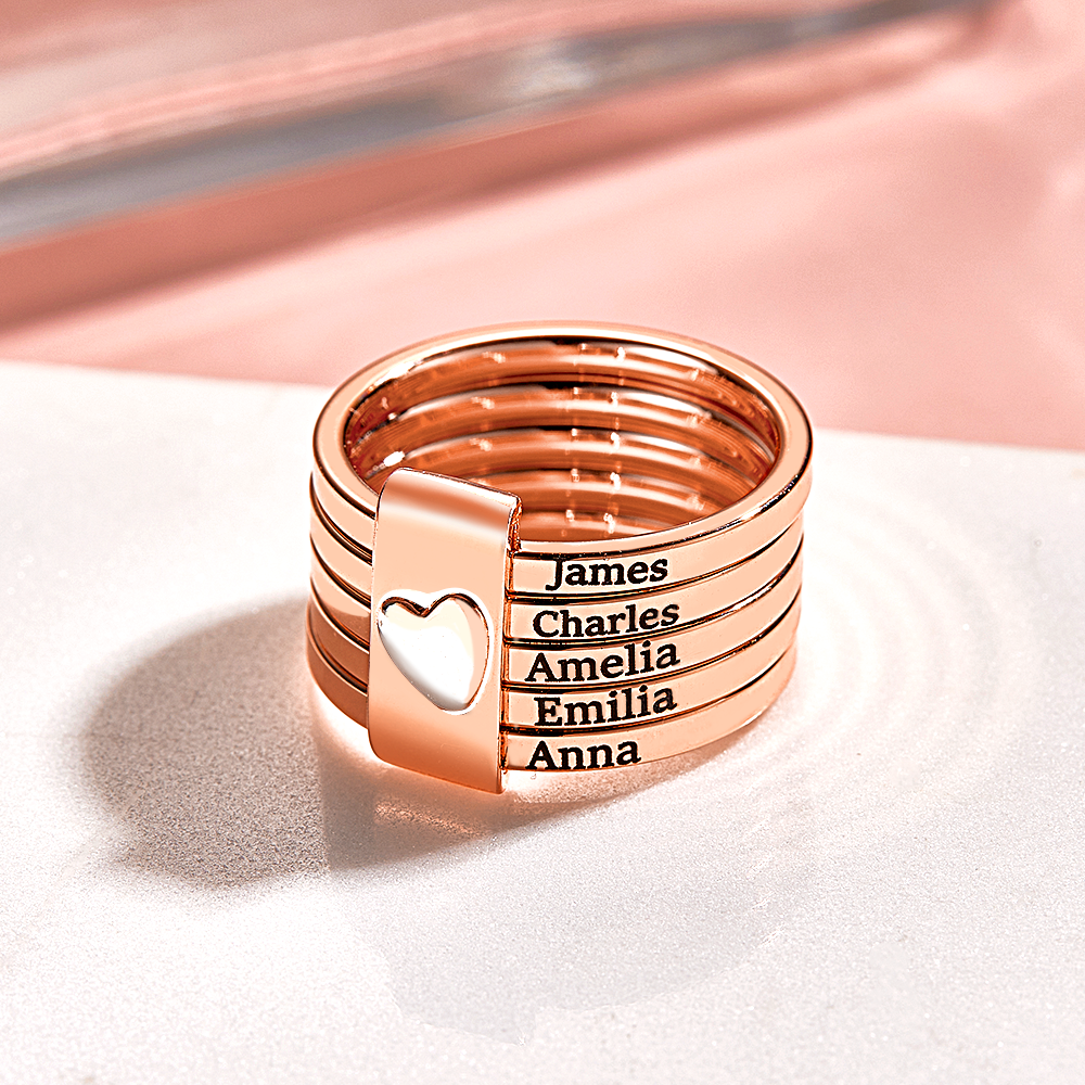Personalized Stackable Name Rings with Heart Custom Family Name Jewelry Custom Engraved Name Rings Family Name Stackable Rings - aiprintlab