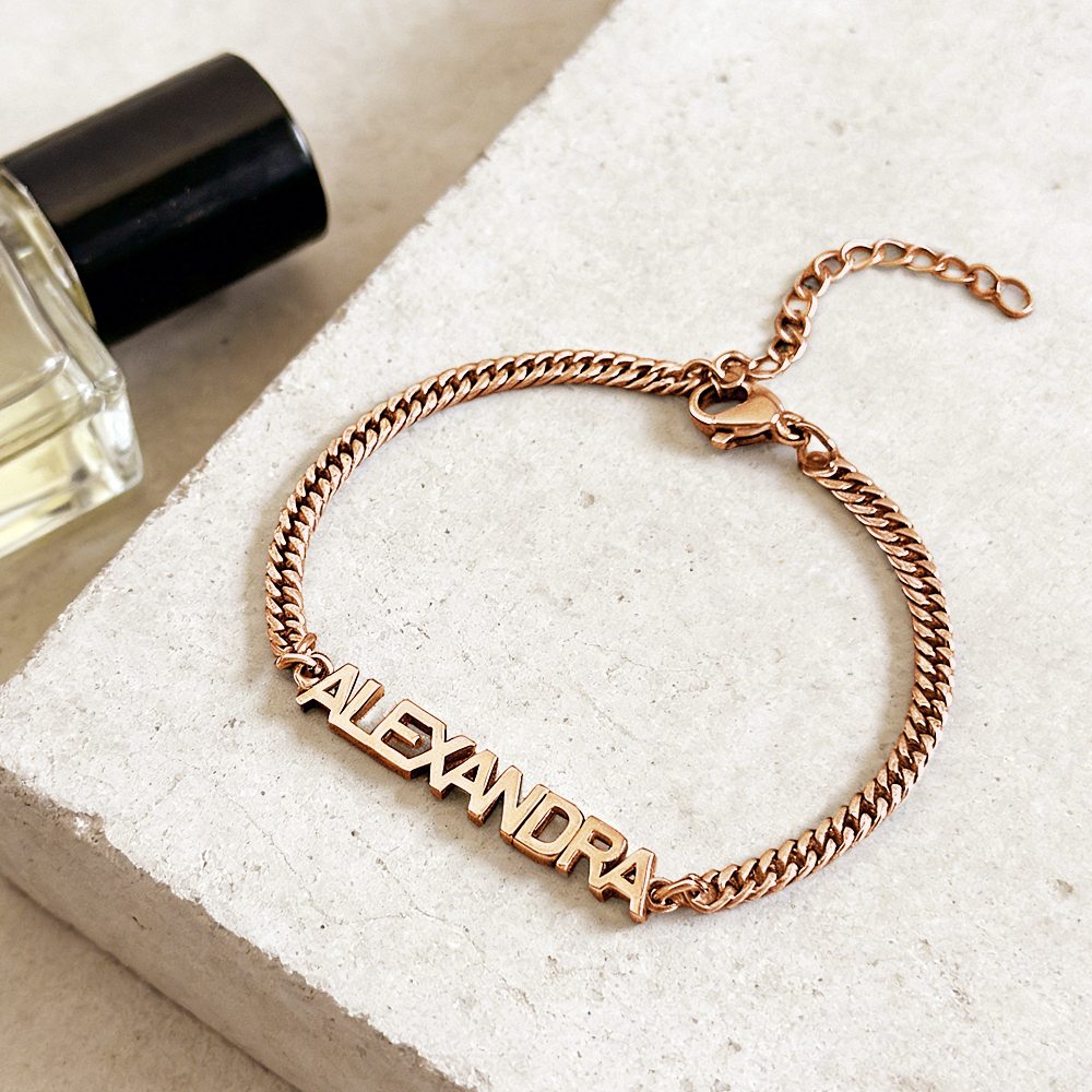 Custom Name Bracelet on Curb Chain Modern Block Letter Name Bracelet Personalized Heavy Chain Name Jewelry - aiprintlab