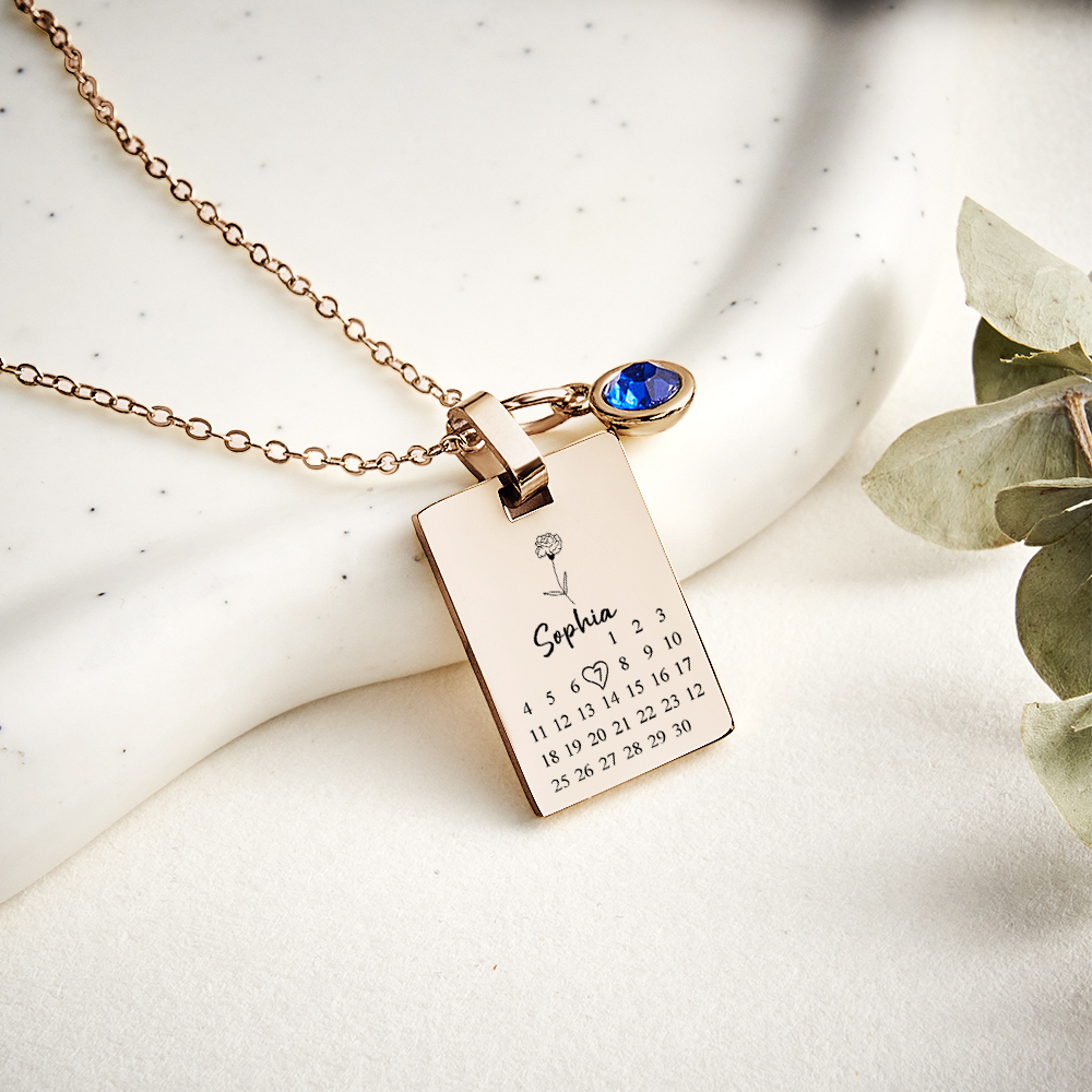 Custom Date & Birthstone Anniversary Necklace Personalized Calendar & Birthstone Necklace Birthday Gift for Her - aiprintlab