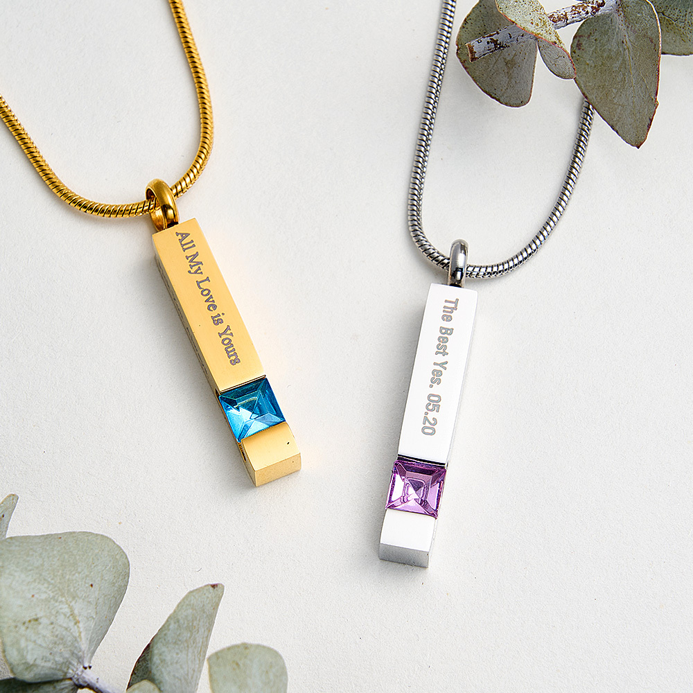 Personalized Urn Necklaces for Ashes Stainless Steel Bar Cremation Necklace Memorial Ashes Necklace Crystal Birthstone Ashes Necklace - aiprintlab