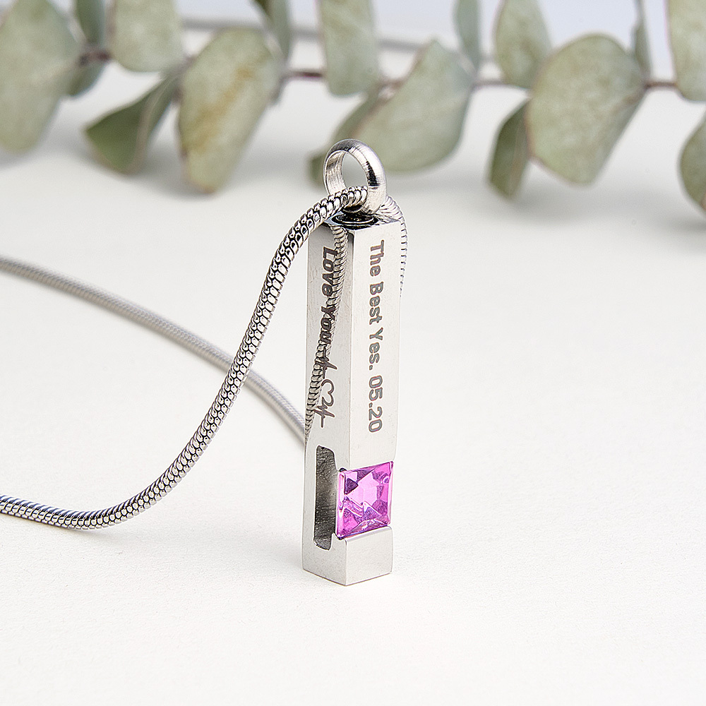 Personalized Urn Necklaces for Ashes Stainless Steel Bar Cremation Necklace Memorial Ashes Necklace Crystal Birthstone Ashes Necklace - aiprintlab