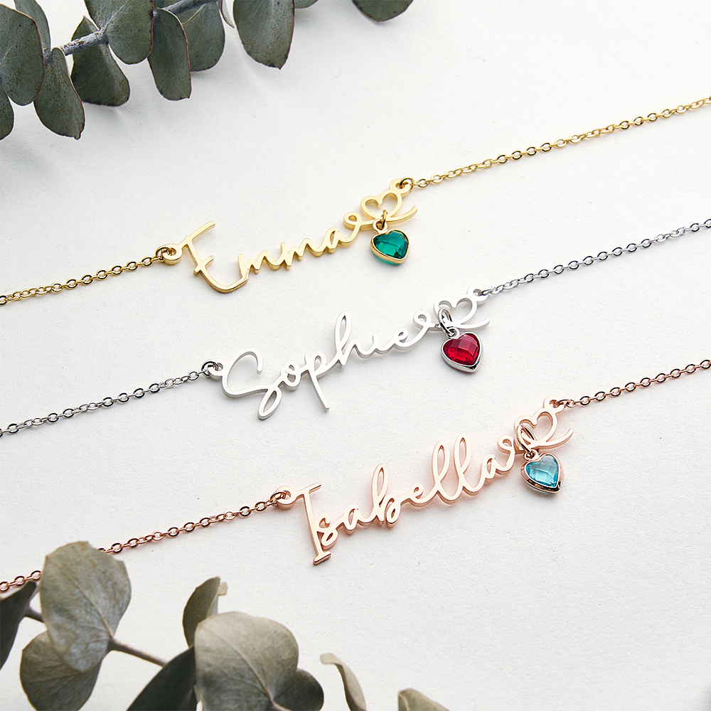 Personalized Name Necklace with Heart Birthstone Custom Name Necklace with Birthstone Heart Birthstone Name Necklace - aiprintlab