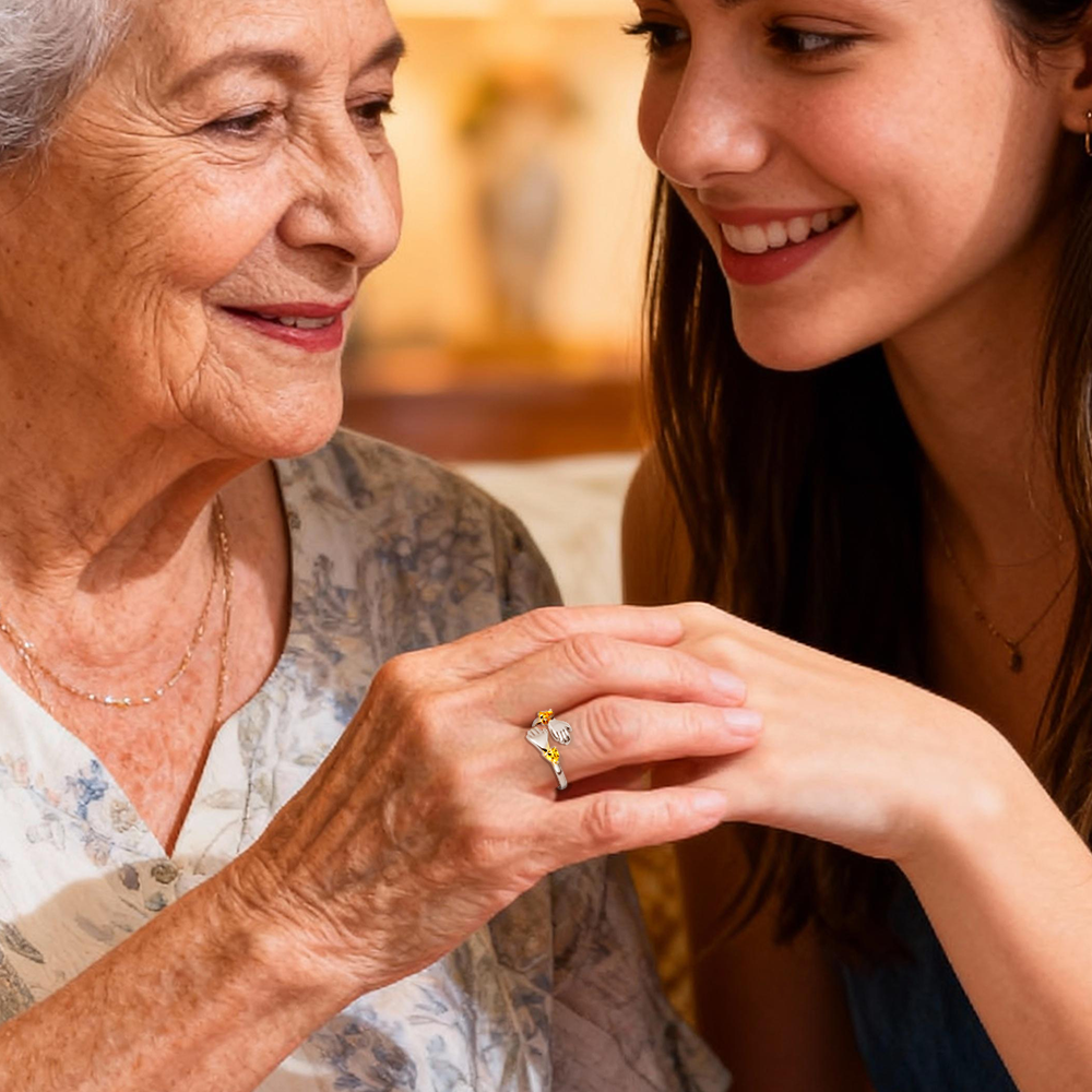 Grandma and Granddaughter Hands Ring – Two Hands Embrace Design with Personalized Birthstones - aiprintlab