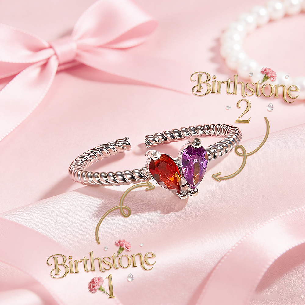 Personalized Partner Birthday Month Ring Custom Couple Birthstones Ring Adjustable Heart Birthstone Ring Gift for Her - aiprintlab