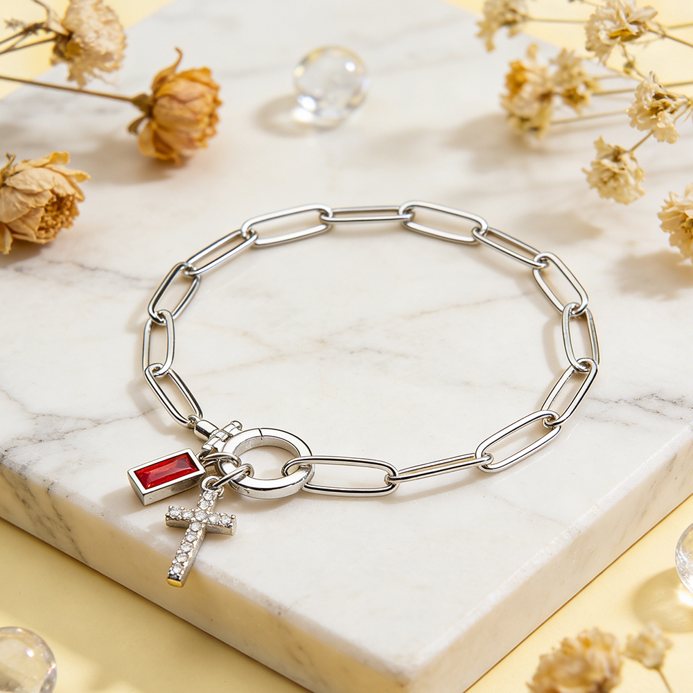Paperclip Birthstone Cross Pendant Bracelet Custom Paperclip Chain Cross Bracelet with Birthstone – Detachable Pendant Personalized Jewelry for Women - aiprintlab