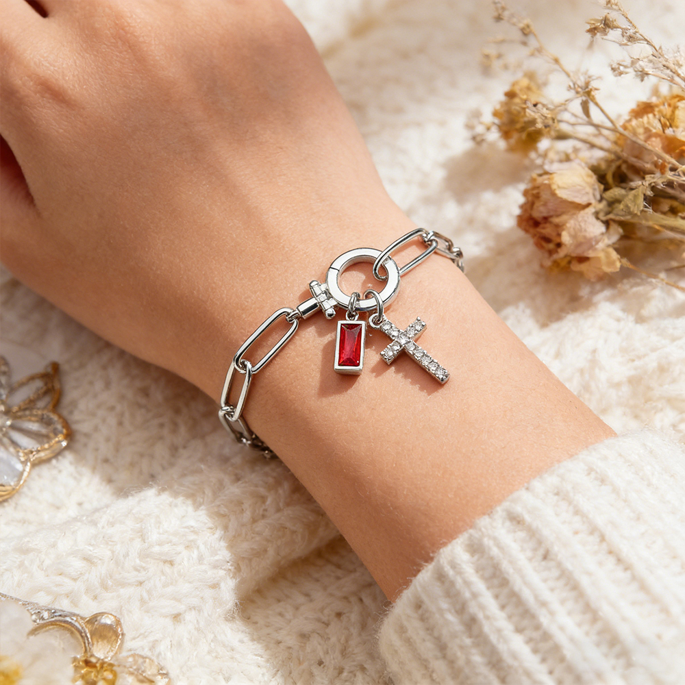 Paperclip Birthstone Cross Pendant Bracelet Custom Paperclip Chain Cross Bracelet with Birthstone – Detachable Pendant Personalized Jewelry for Women - aiprintlab